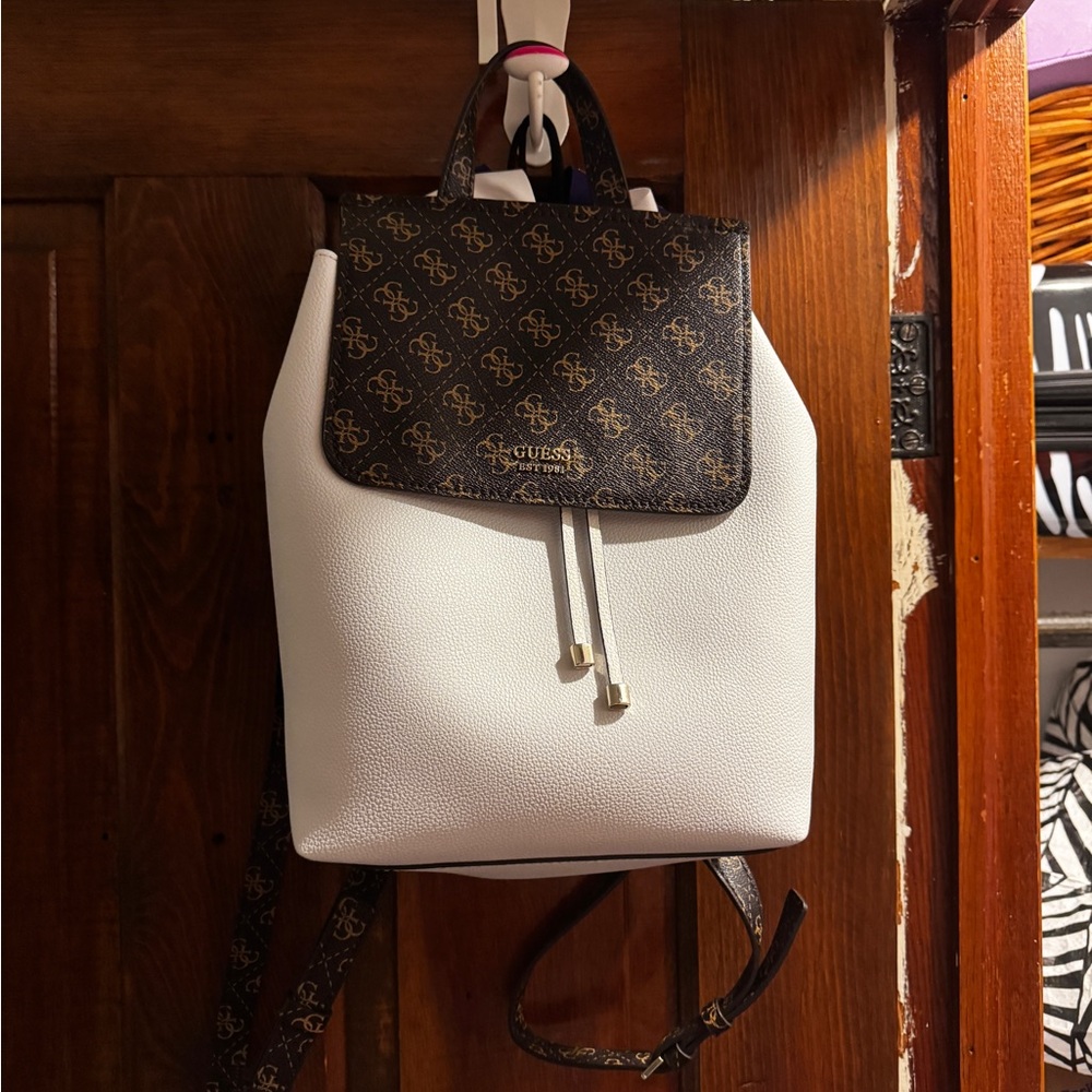 Guess White and Brown Two-Tone Backpack with Monogram Flap
